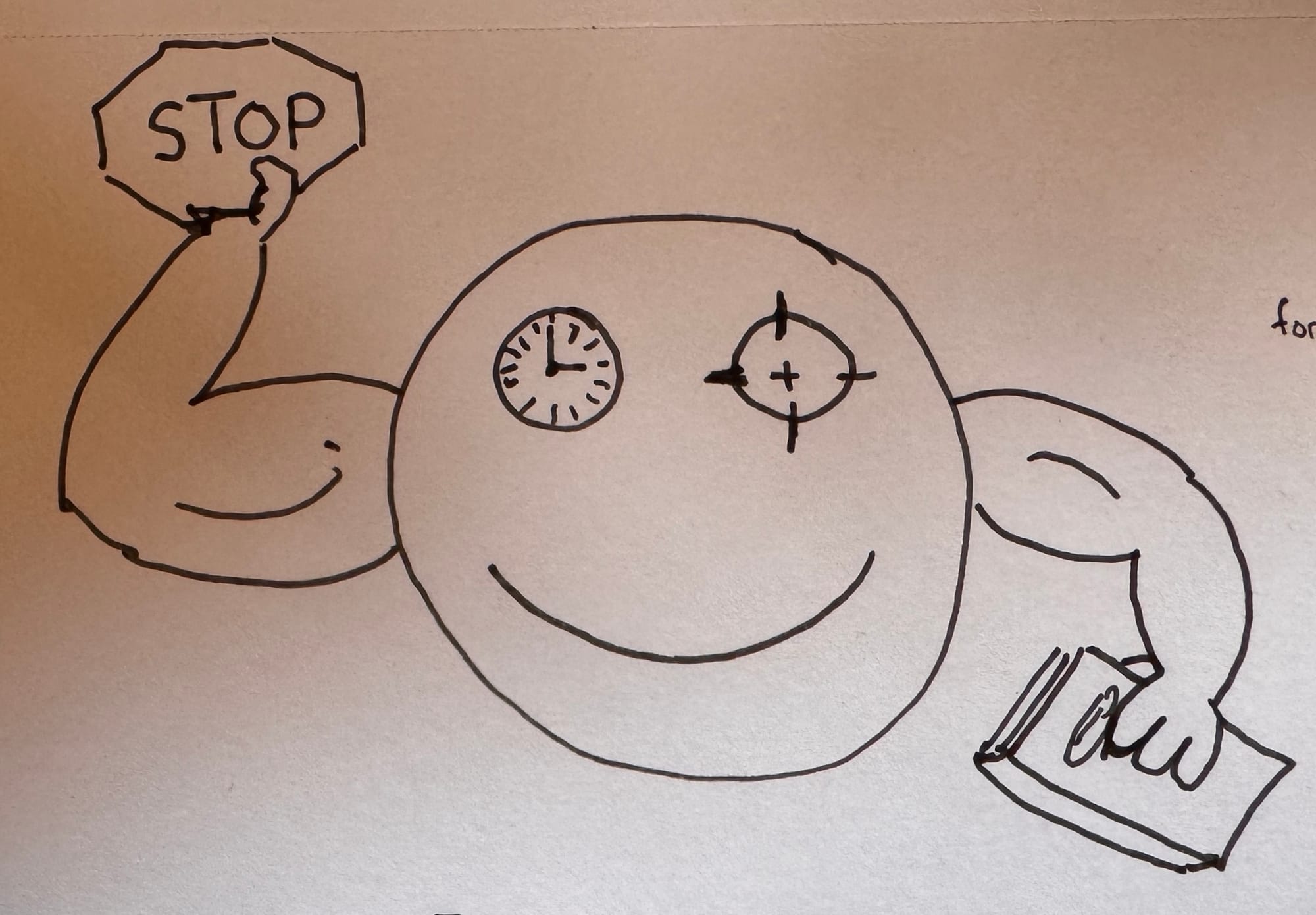 A smiley face with a clock and crosshairs for eyes, muscular arms, and a stop sign in one hand and a notebook in the other.