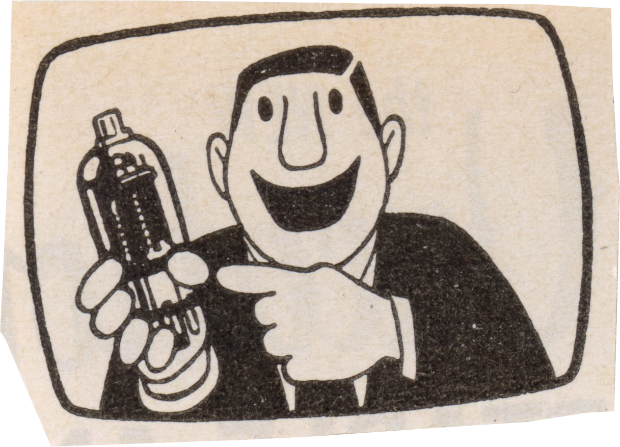 a cartoon drawing of a man on TV pointing at a gadget and smiling.