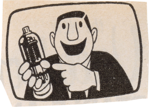 a cartoon drawing of a man on TV pointing at a gadget and smiling.