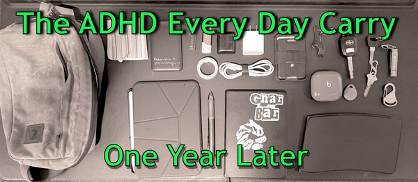 A satchel is next to a notebook, iPad mini, and several cords and other accessories.