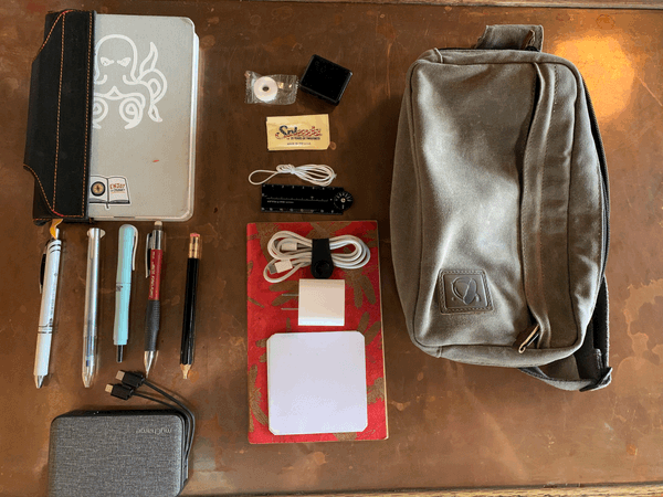 A notebook, pens, battery, cables, and other small items are next to a small satchel.