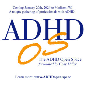 The letters "ADHD" in blue serif font with a scribbled yellow "OS" in front of it, with the details of the event.